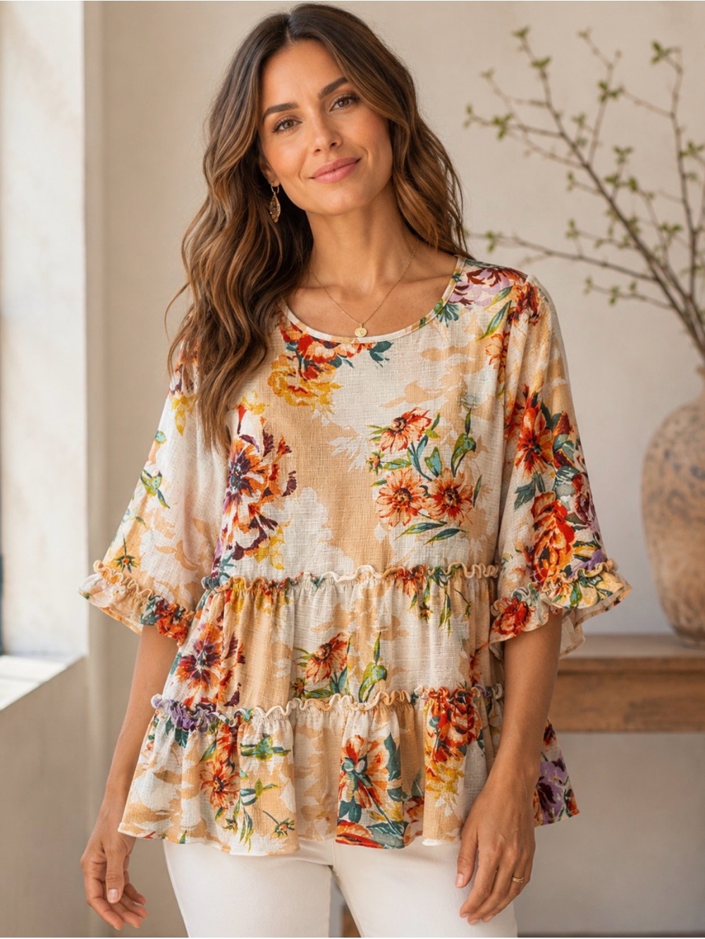 Melissa Paige Floral Tiered Ruffle Blouse Flutter Sleeve Top M